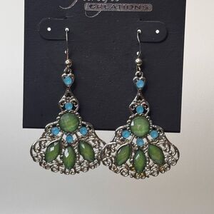 Intricate Silver and Green Dangle Earrings with Filigree Design 2.25 inch